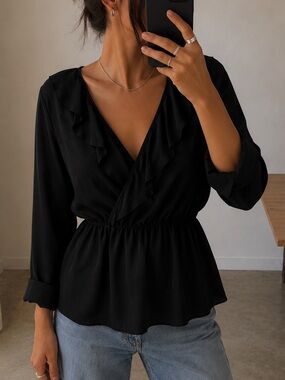 A.P.C. Black Silk Ruffle V-neck Wrap Blouse